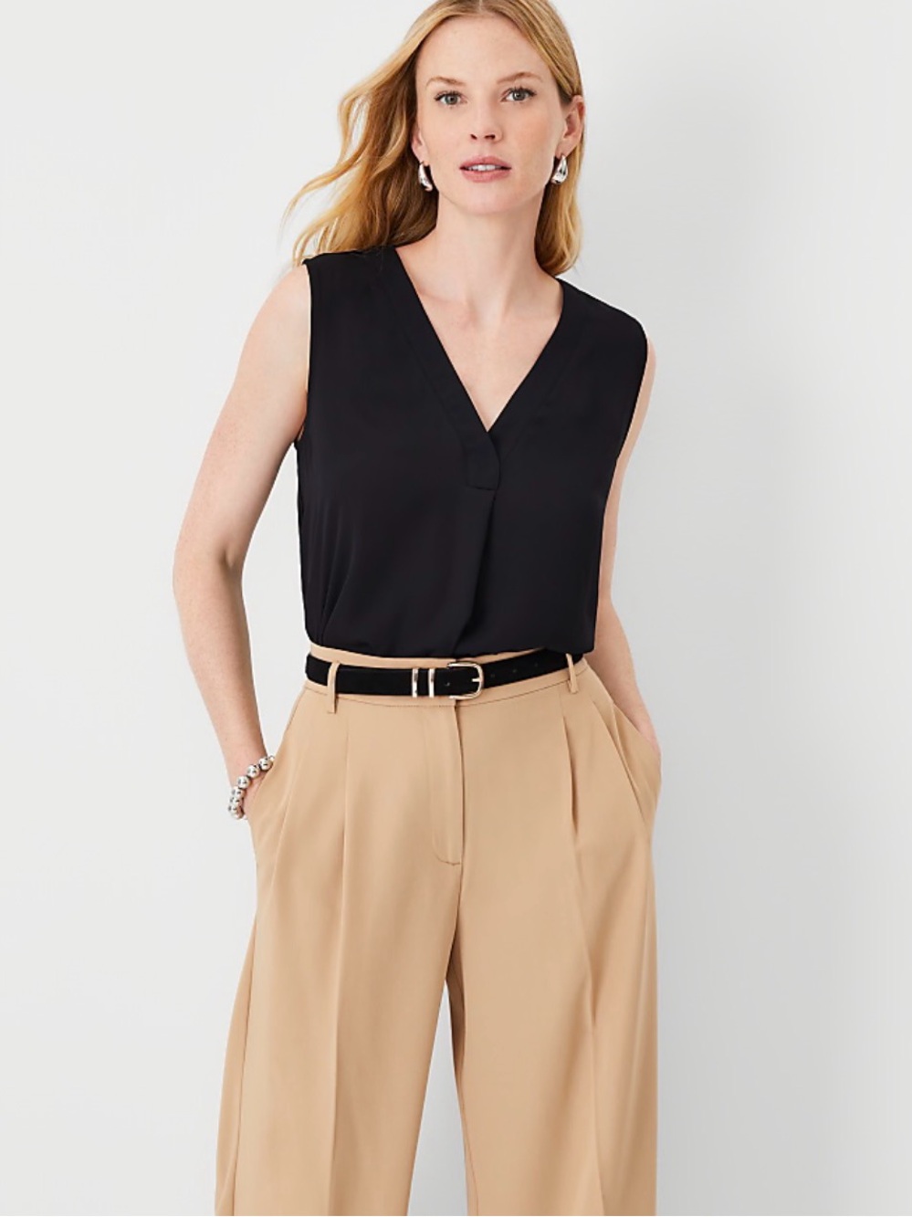 Ann Taylor Pleated Mixed Media V-Neck Shell in Black